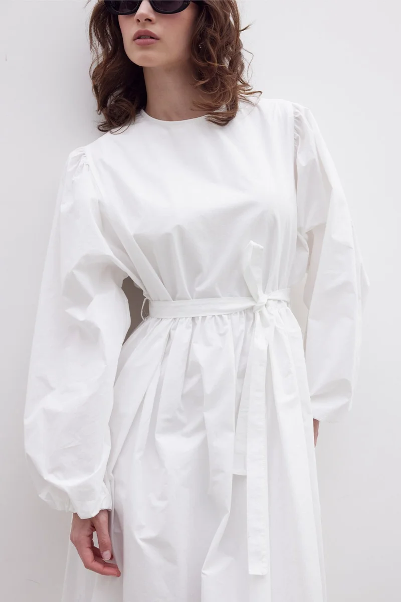 Manuka Gathered Premium Poplin Dress Ecru