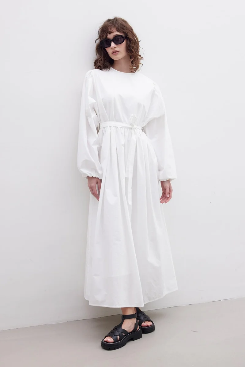 Manuka Gathered Premium Poplin Dress Ecru