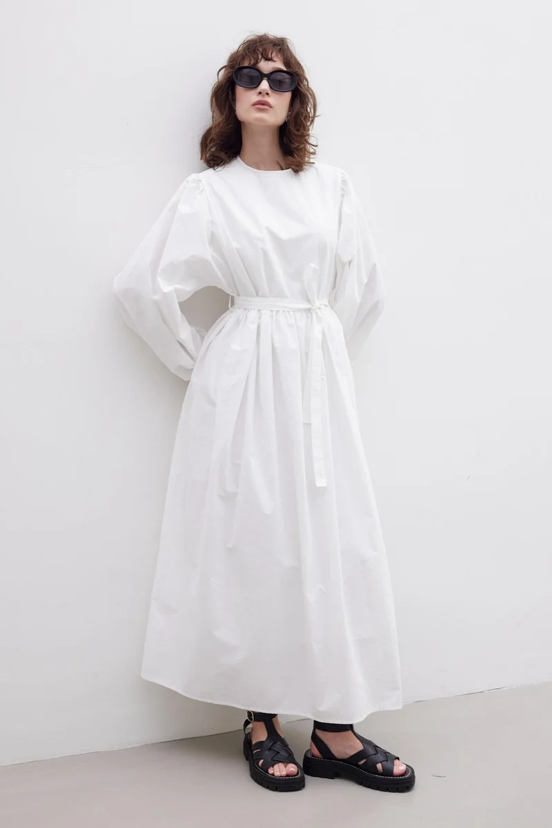 Manuka Gathered Premium Poplin Dress Ecru