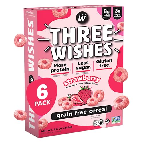 Three Wishes GrainFree Protein Breakfast Cereal  8g Protein and 3g Fiber  Healthy LowSugar Breakfast Cereal Gluten Free VeganFriendly NonGMO  Strawberry 6Pack - Image 1