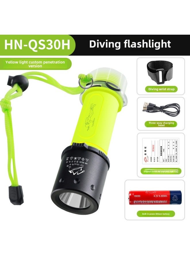 Diving Special Flashlight Strong Light Charging Outdoor Super Bright Waterproof Underwater Professional Deep Diving Night Diving Fish Searchlight-Product Specifications:(yellow Light) HN-QS30H Diving Flashlight  - Image 1