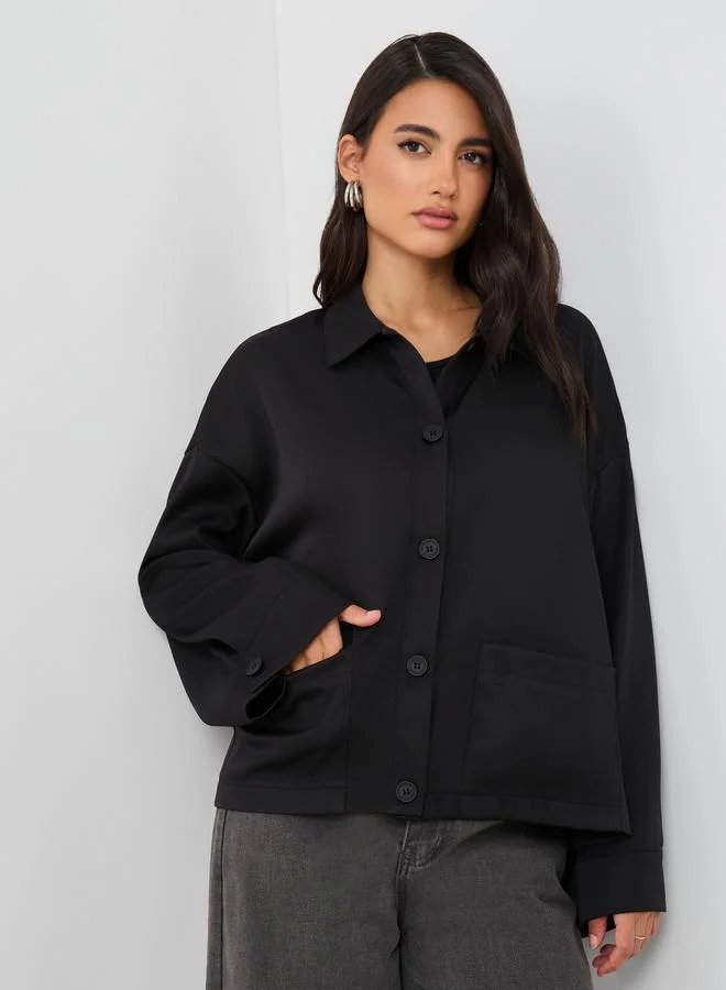 ستايلي Styli Solid Button Front Boxy Fit Jacket with Patch Pockets