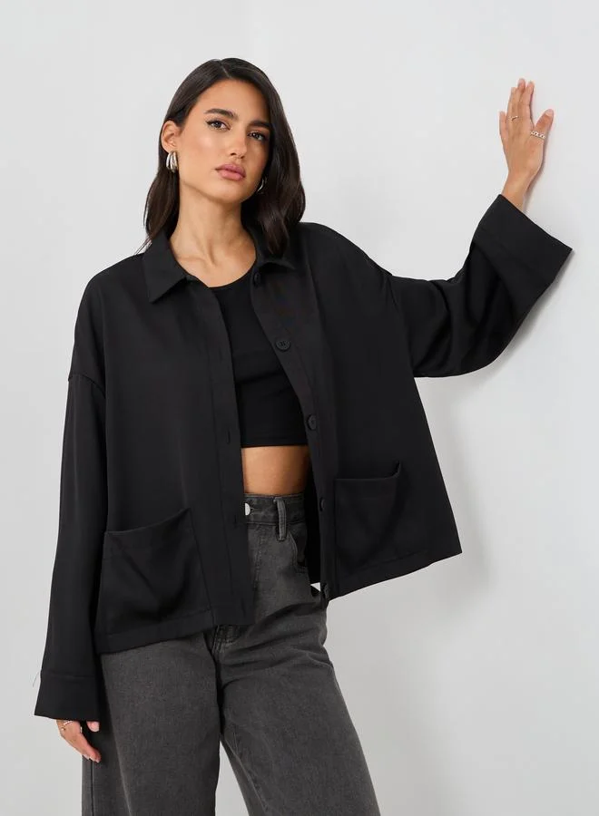 ستايلي Styli Solid Button Front Boxy Fit Jacket with Patch Pockets