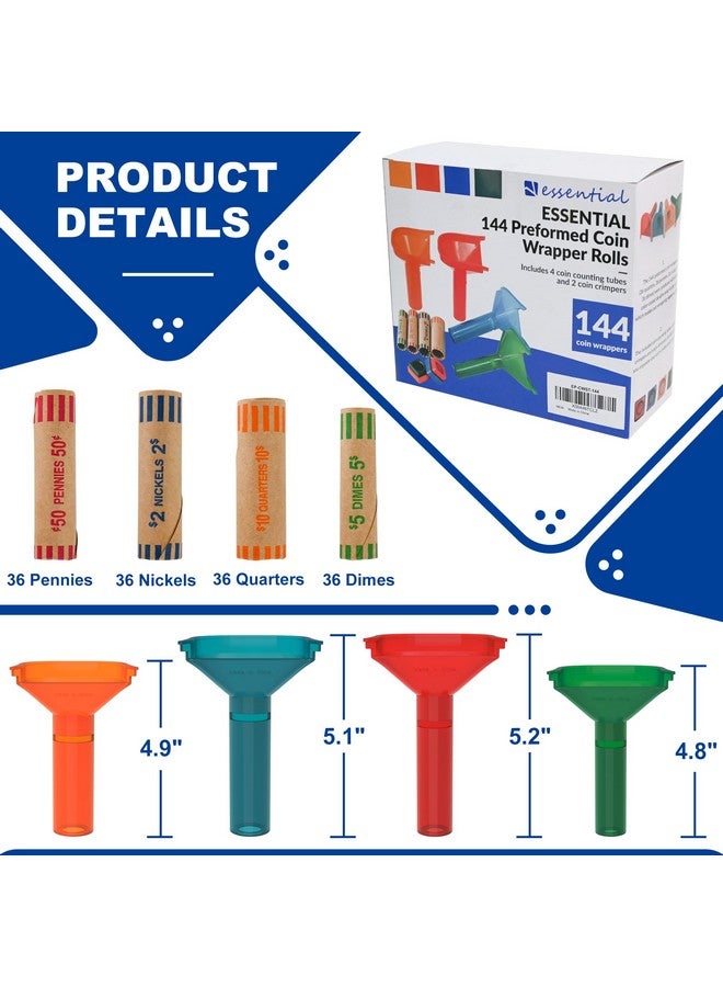 إيسينشيال 144 قطعة من لفات تغليف العملات المعدنية المتنوعة مع أنابيب عداد العملات المشفرة بالألوان وأداة تجعيد أغلفة العملات المعدنية - Image 3
