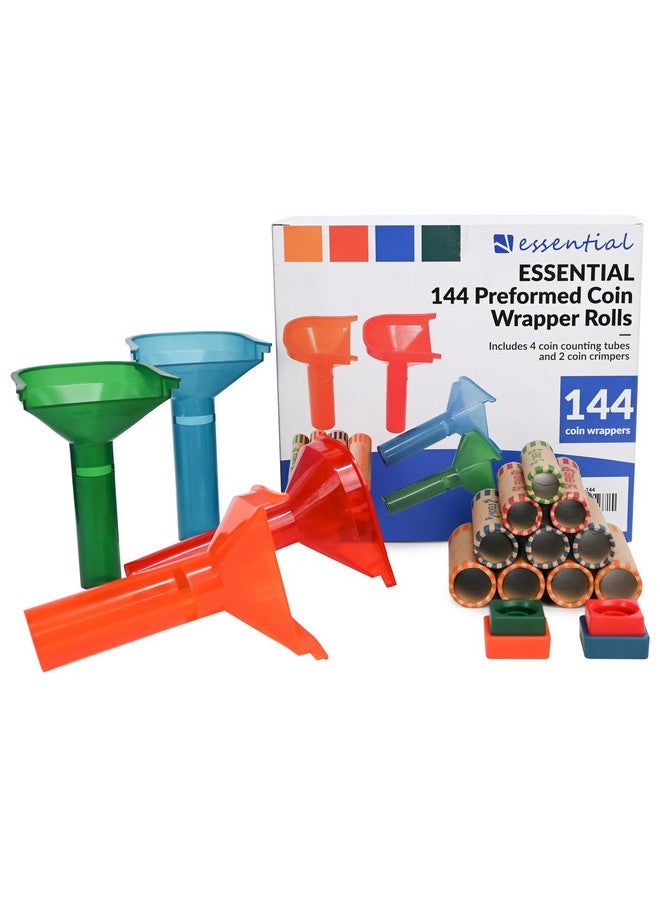 إيسينشيال 144 قطعة من لفات تغليف العملات المعدنية المتنوعة مع أنابيب عداد العملات المشفرة بالألوان وأداة تجعيد أغلفة العملات المعدنية - Image 1