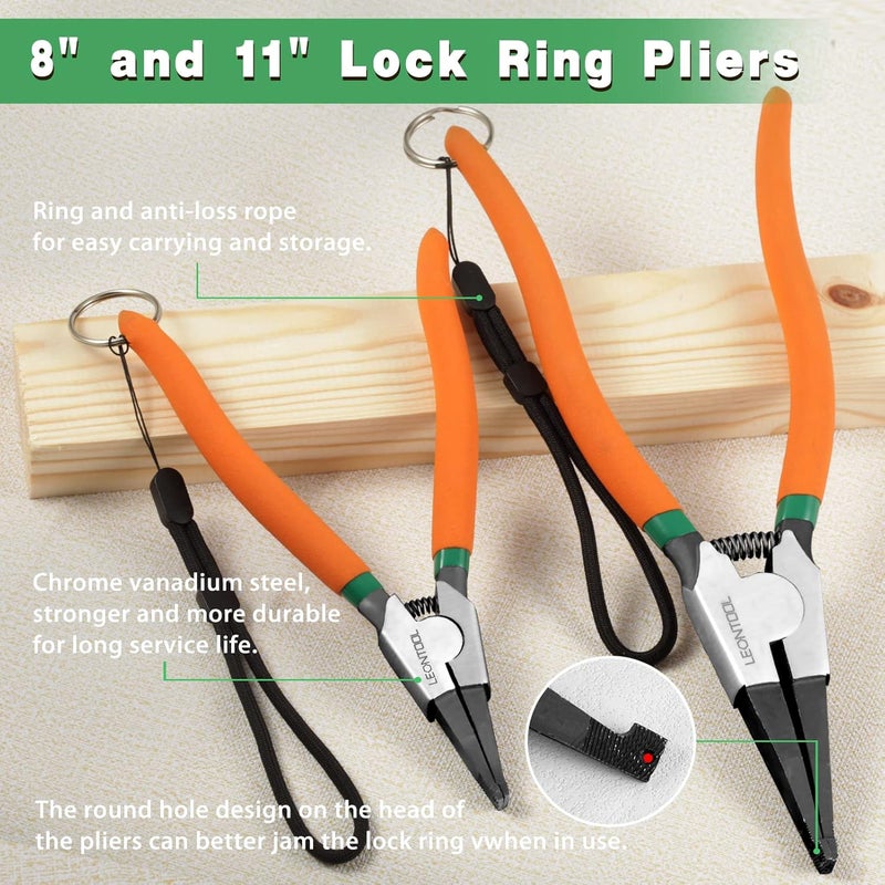 LEONTOOL 2 PCS Heavy Duty Lock Ring Pliers Set Flat Snap Ring 8'' & 11'' Special Circlip Reverse Angle Tip Retaining Ring Spreader for Transmission Transfer Cases Black,chrome - Image 2