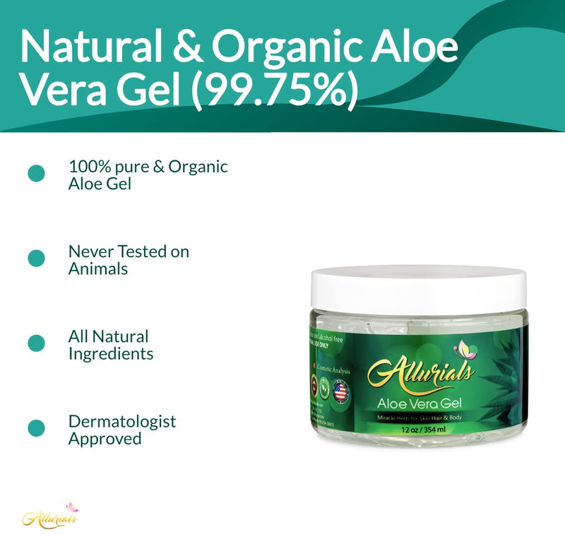 Allurials 99.75% Pure & Organic Aloe Vera Gel - Made in USA, Clinically tested & Dermatologist approved, Hydrates & Heals Dry & Damaged Skin & Hair- 12 Oz - Image 2
