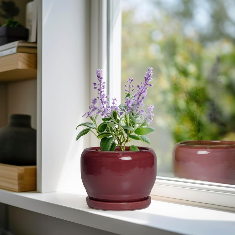 SQOWL 6 Inch Plant Pot - Ceramic Planter for Indoor Plants Outdoor, Round Planter with Drainage Hole and Saucer, Decorative Modern Small Flower Pots, Room Decor, Gifts for Plant Lovers, Red - Image 2