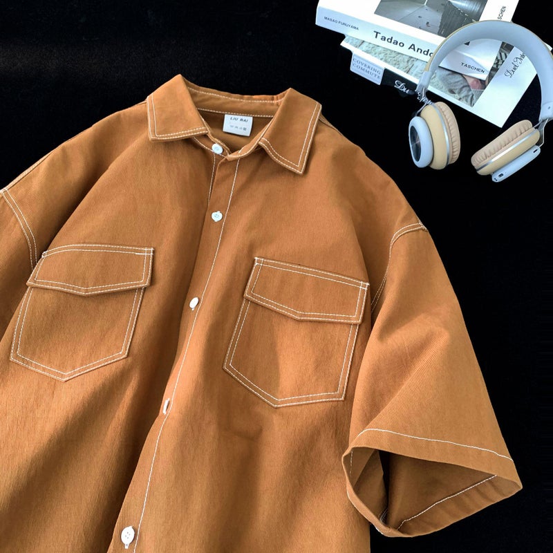 Japanese style retro short sleeve shirt mens summer 2023 new niche design fashion brand trendy casual half sleeve shirt Brown  - Image 1