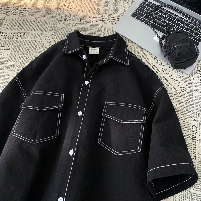 Japanese style retro short sleeve shirt mens summer 2023 new niche design fashion brand trendy casual half sleeve shirt Brown  - Image 3