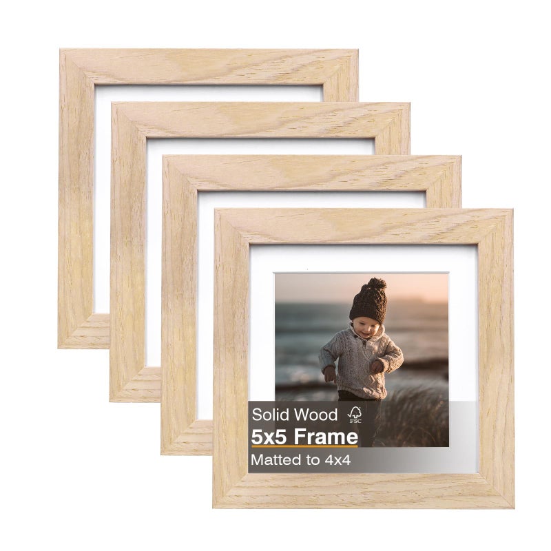 KINLINK 5x5 Picture Frame Natural Square Solid Wood Frames for Pictures 4x4 with Mat or 5x5 without Mat Wall and Tabletop Display Photo Frames Natural Wood 4 Pack