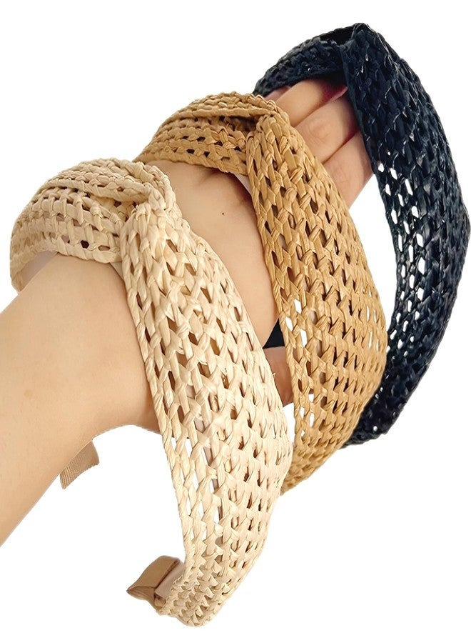 i-lan 3Pack Boho Rattan Woven Headbands, Comfy Wide Head Bands with Three Classical Black,Brown and Beige Hairband, Boho Padded Hair Band Headwear Hoop for Girls, Ladies, Women - Image 1