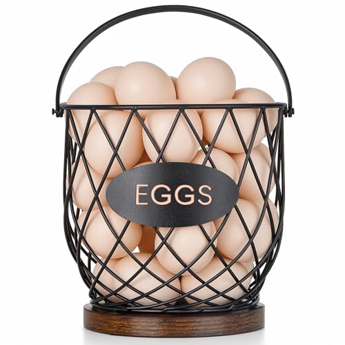 Banawey Chicken Egg Basket for Gathering Fresh Eggs with Metal Handle, Wire Egg Collecting Basket with Wooden Base, Round Egg Holder Countertop, Vintage Rustic Farmhouse Kitchen Decor Fruit Storage - Image 1