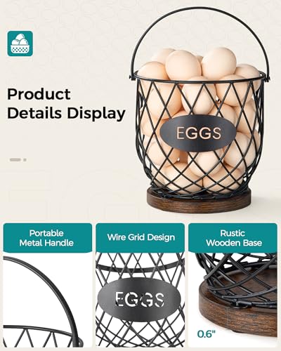 Banawey Chicken Egg Basket for Gathering Fresh Eggs with Metal Handle, Wire Egg Collecting Basket with Wooden Base, Round Egg Holder Countertop, Vintage Rustic Farmhouse Kitchen Decor Fruit Storage - Image 4