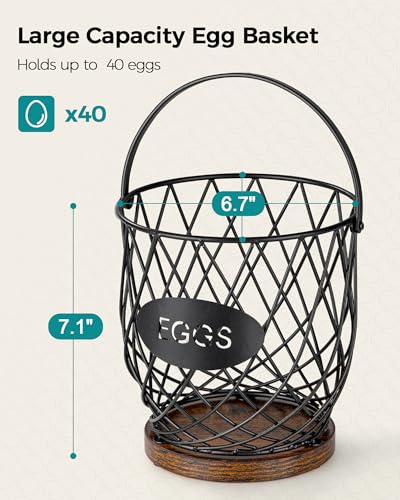 Banawey Chicken Egg Basket for Gathering Fresh Eggs with Metal Handle, Wire Egg Collecting Basket with Wooden Base, Round Egg Holder Countertop, Vintage Rustic Farmhouse Kitchen Decor Fruit Storage - Image 3