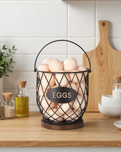 Banawey Chicken Egg Basket for Gathering Fresh Eggs with Metal Handle, Wire Egg Collecting Basket with Wooden Base, Round Egg Holder Countertop, Vintage Rustic Farmhouse Kitchen Decor Fruit Storage - Image 2