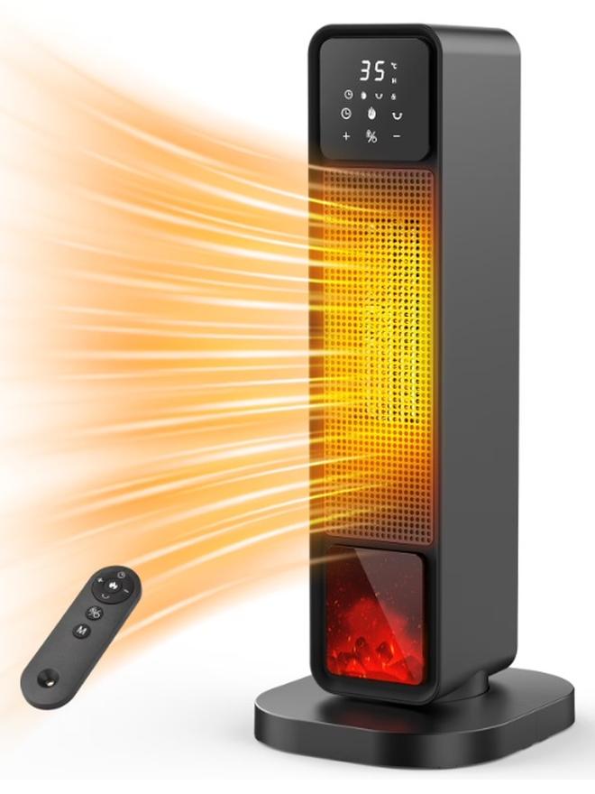 BlueFire 2000W Ceramic Tower Fan Heater with 3D Flame Effect, 24-Inch Space Heater & Cooling Fan 2-in-1 for Home, Bedroom, Office – Digital Display, Touchscreen, Remote Control, ECO Thermostat 59–113°F, 120°–180° Oscillation, Ultra-Quiet Operation, Child Lock, Tip-Over & Overheat Protection, Fast Heating PTC Technology, 12H Timer, Black - Image 1