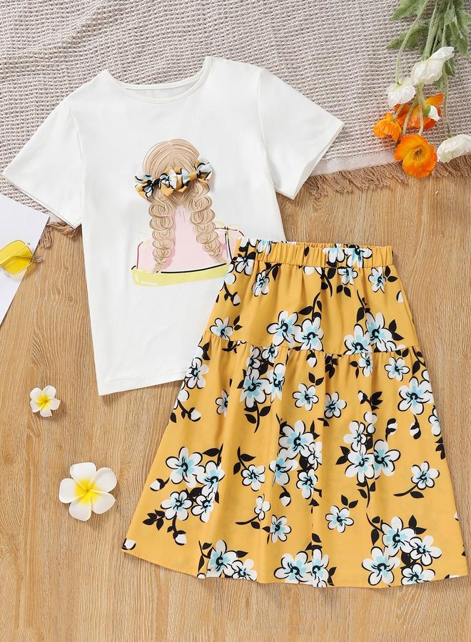 Take Two Girls Graphic Print Bow Detail T-Shirt and Skirt Set - Image 1