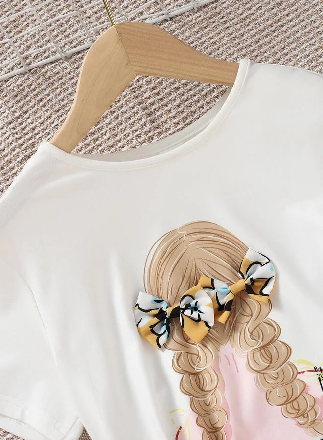 Take Two Take Two Girls Graphic Print Bow Detail T-Shirt and Skirt Set