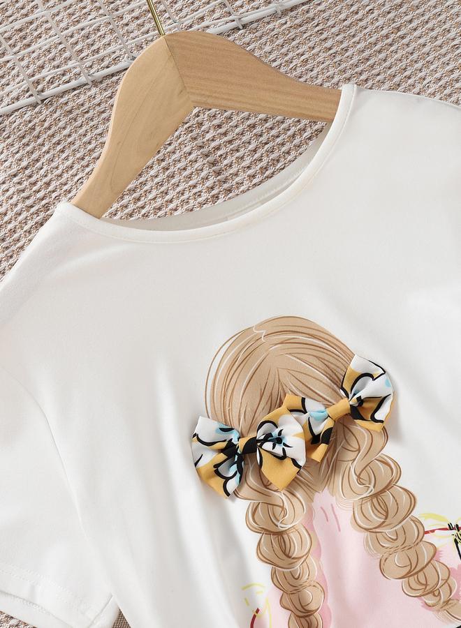 Take Two Girls Graphic Print Bow Detail T-Shirt and Skirt Set - Image 4