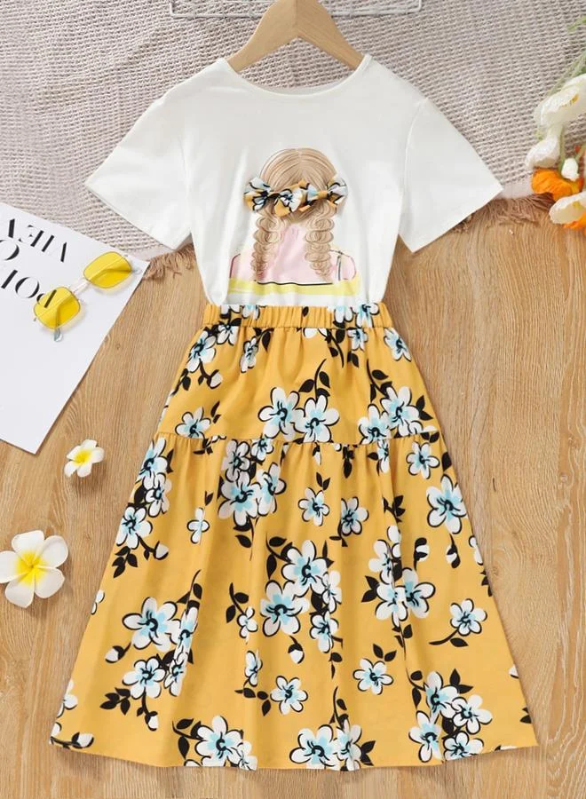 Take Two Take Two Girls Graphic Print Bow Detail T-Shirt and Skirt Set