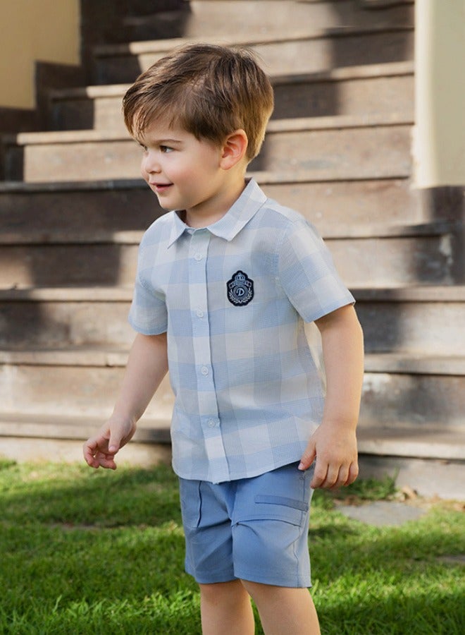 Dave & Bella Boys Cotton Checked Shirt and blue pocket Shorts set - Image 1