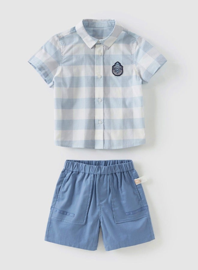 Dave & Bella Boys Cotton Checked Shirt and blue pocket Shorts set - Image 3