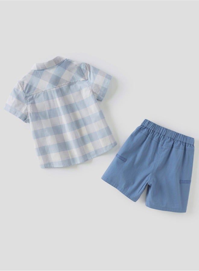 Dave & Bella Boys Cotton Checked Shirt and blue pocket Shorts set - Image 4