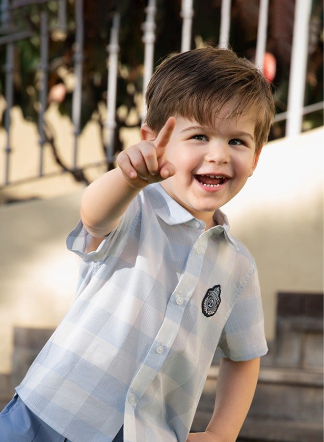 Dave & Bella Boys Cotton Checked Shirt and blue pocket Shorts set - Image 5