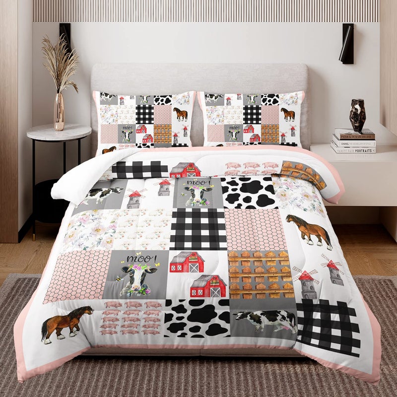 HOSIMA Cow Bedding Set,Farmhouse Comforter Western Country Style Room Decor Aesthetic,Cute Cartoon Farm Animal Pig Cow Horse Twin Bedding Sets for Girls Boys,Pink White Grid Comforter. - Image 2