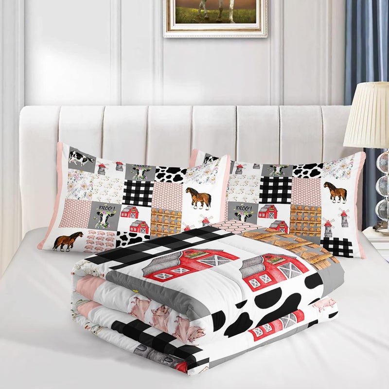 HOSIMA Cow Bedding Set,Farmhouse Comforter Western Country Style Room Decor Aesthetic,Cute Cartoon Farm Animal Pig Cow Horse Twin Bedding Sets for Girls Boys,Pink White Grid Comforter. - Image 5
