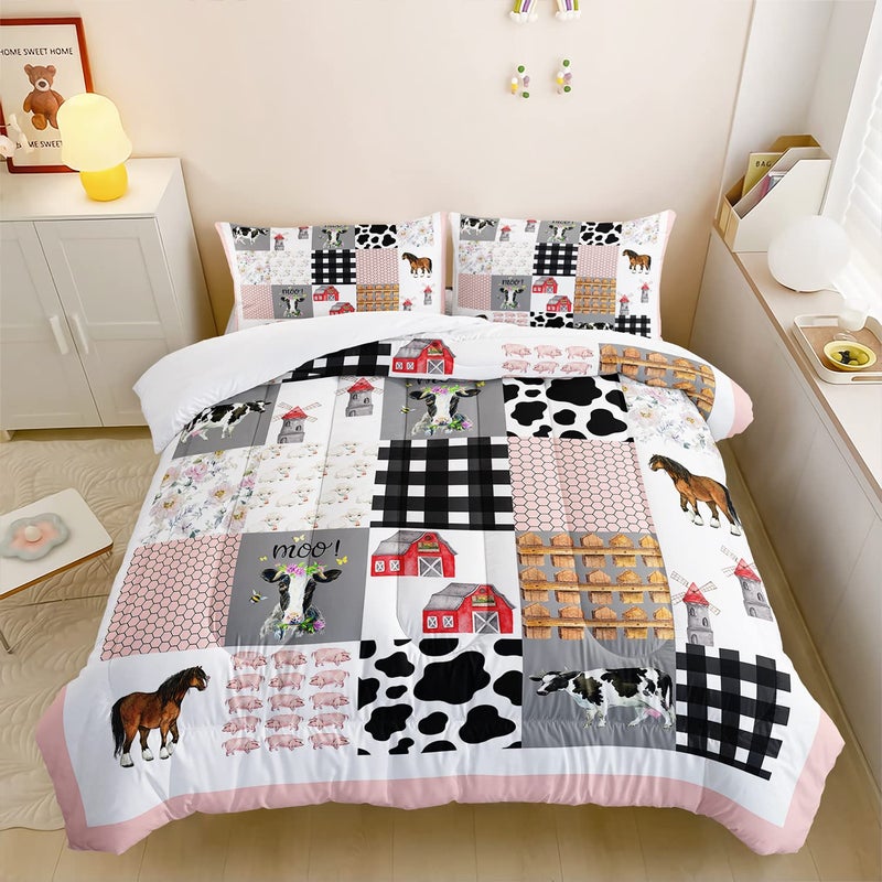 HOSIMA Cow Bedding Set,Farmhouse Comforter Western Country Style Room Decor Aesthetic,Cute Cartoon Farm Animal Pig Cow Horse Twin Bedding Sets for Girls Boys,Pink White Grid Comforter. - Image 4