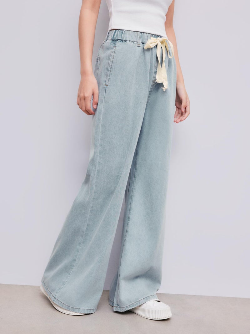 CIDER Drawstring Wide Leg Jeans for Women High Waisted Baggy Jeans Denim Pants with Pockets: Denim, L - Image 3