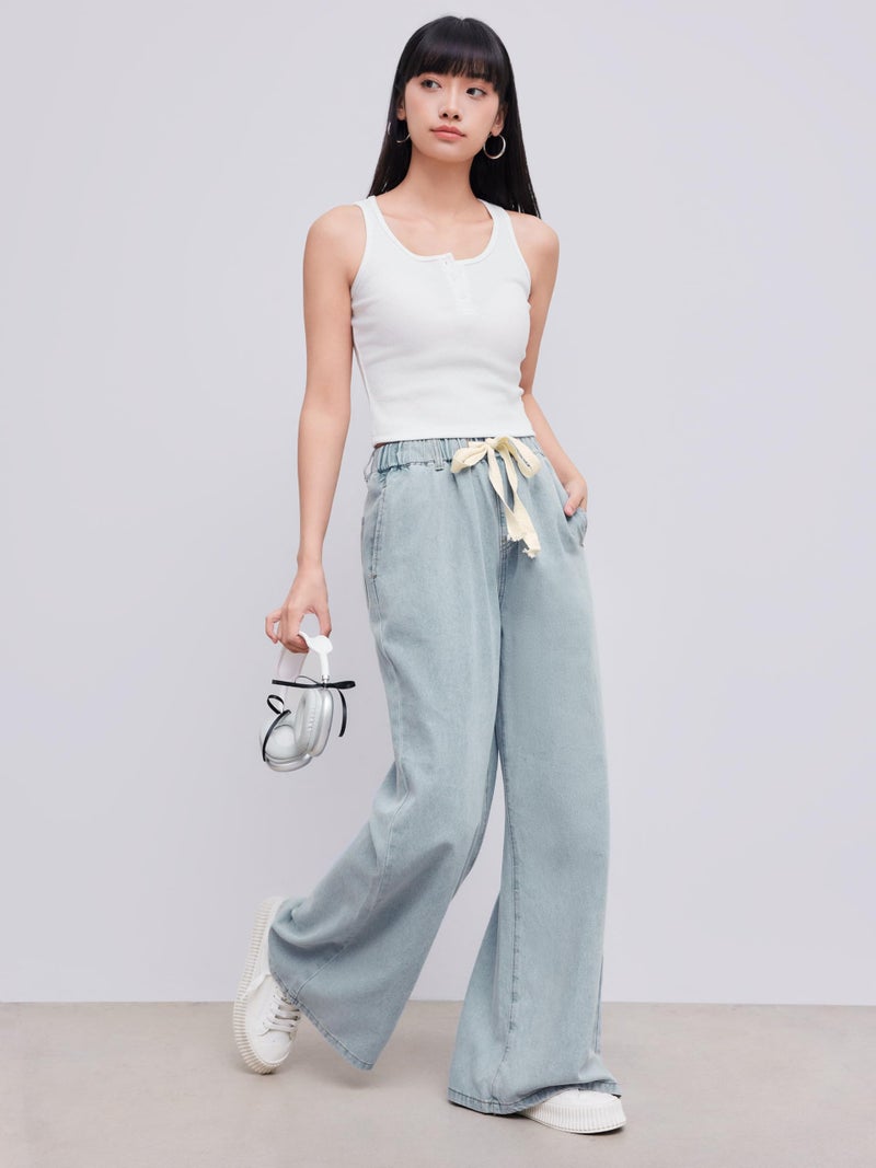 CIDER Drawstring Wide Leg Jeans for Women High Waisted Baggy Jeans Denim Pants with Pockets: Denim, L - Image 2