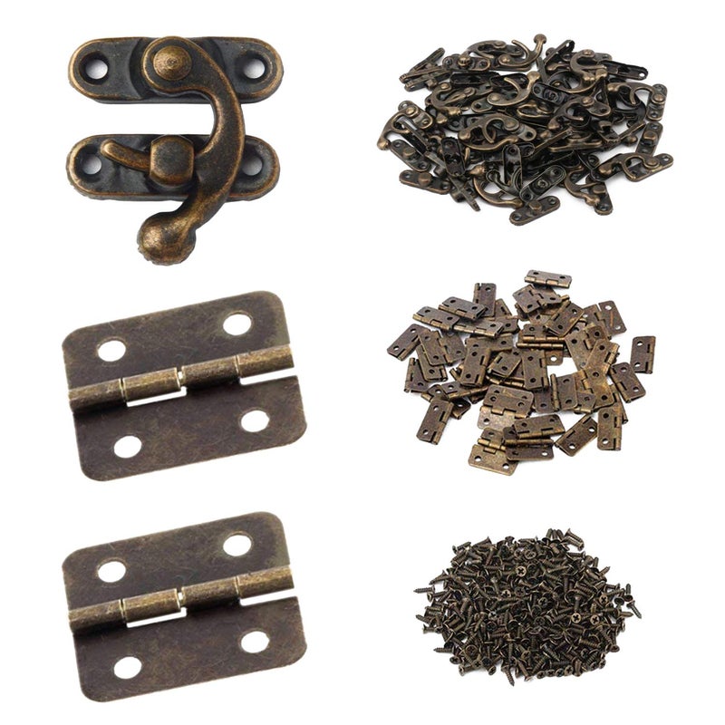 HOWDIA 25 Sets Antique Right Latch Hook Hasp and 50 Sets Antique Bronze Small Box Mini Hinges with Replacement Screws for Wood Jewelry Box Bronze Tone