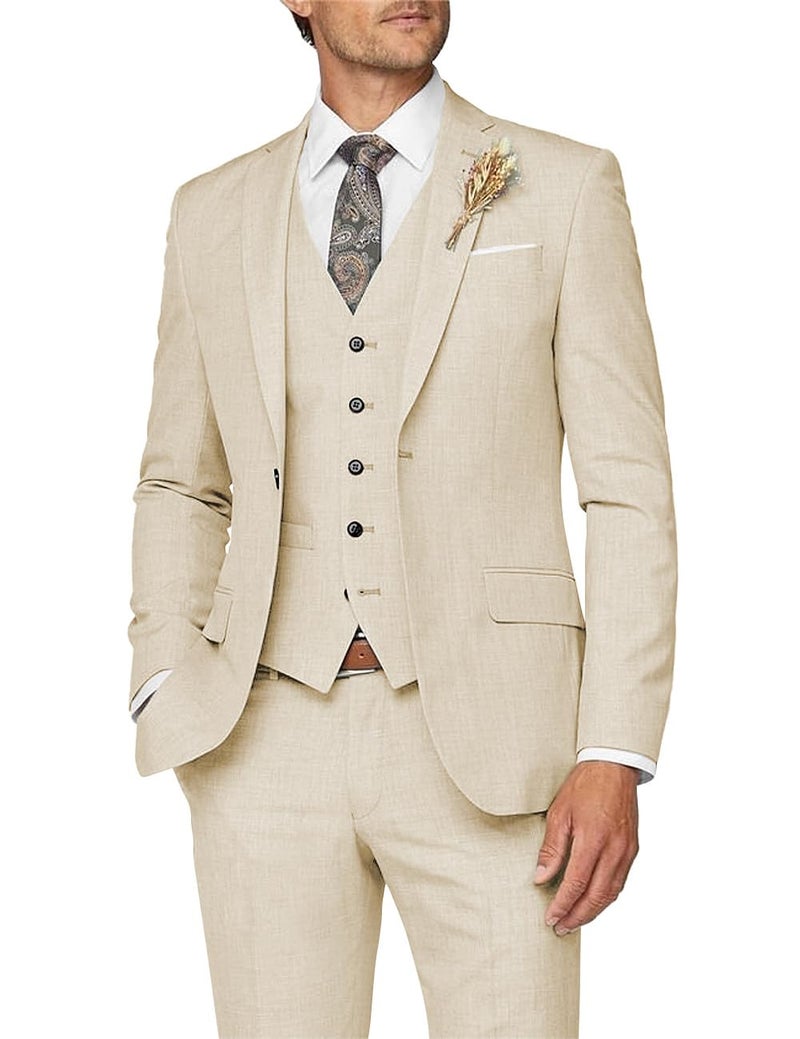 Wangyue Men Suit 3 Piece Suits for Men Wedding Groom Slim Fit Formal Beige Suit Business, M - Image 1