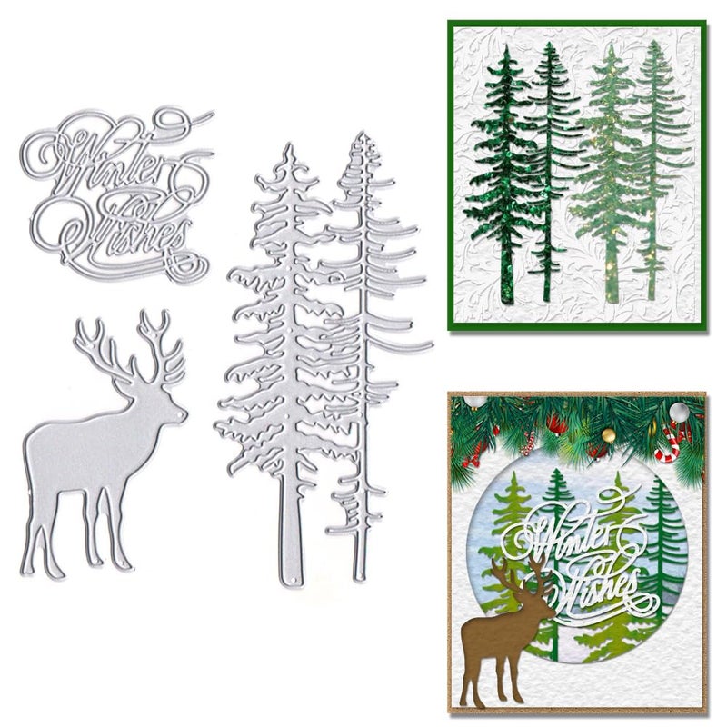 ALIBBON Merry Christmas Cutting Dies for Card Making Tree Deer Metal Template Molds Winter Wishes Words for Crafting DIY Photo Album Paper Embossing Scrapbooking Supplies