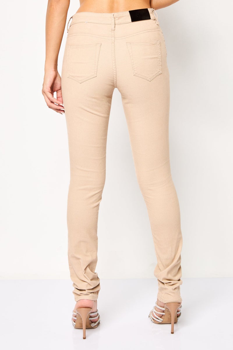 LACOSTE Women Slim Fit Corduroy Pants, Beige - Image 4