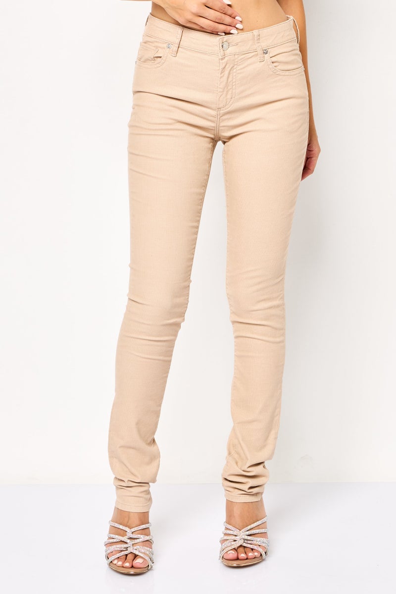LACOSTE Women Slim Fit Corduroy Pants, Beige - Image 1