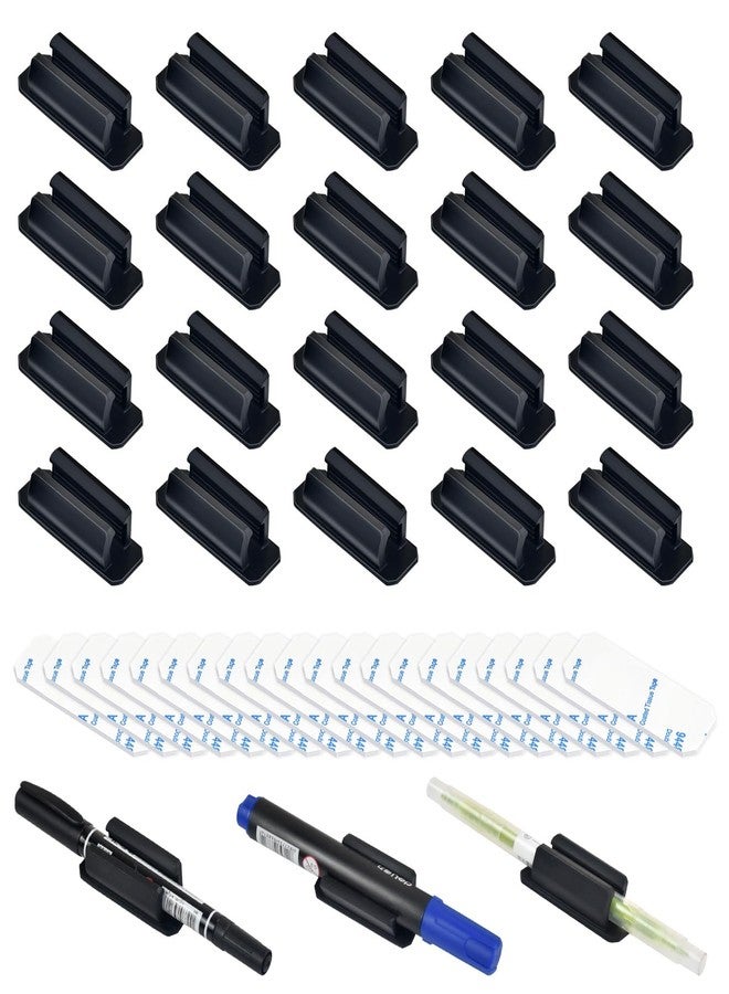 SameTech 20 Pack Pen Holder Silicone,Adhesive Pen Holder for Desk,Marker Clip for Classroom Office Desk Accessories, Pencil Holder with 20 Double Sided Extra Sticky Tape (Black) - Image 1
