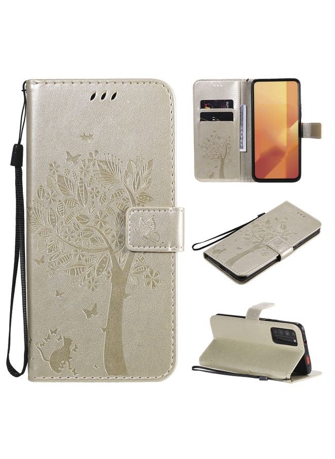 Generic Case Cover For Huawei Honor X10 5G Tree & Cat Embossed Pattern Horizontal Flip Leather Case with Holder & Card Slots & Wallet & Lanyard Gold 