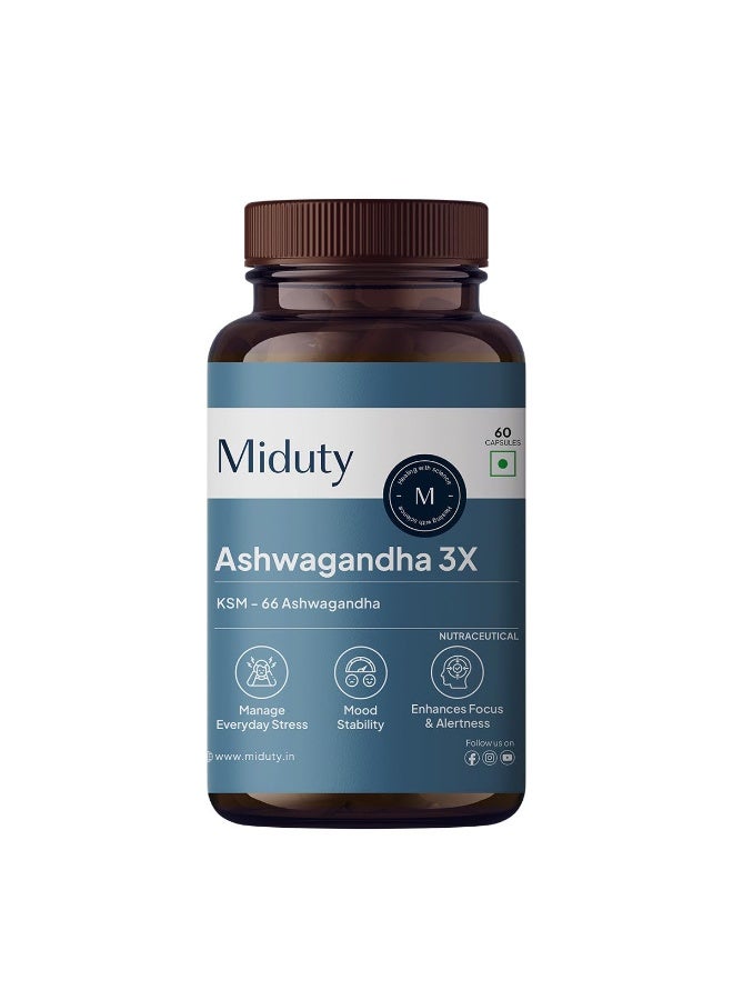 Miduty Ashwagandha 3X Supplement 500 mg Serving - KSM 66 Ashwagandha - Triple Strength Formula - For Mood Stability,Focus, Strength and Stress - 60 Capsules - Image 1
