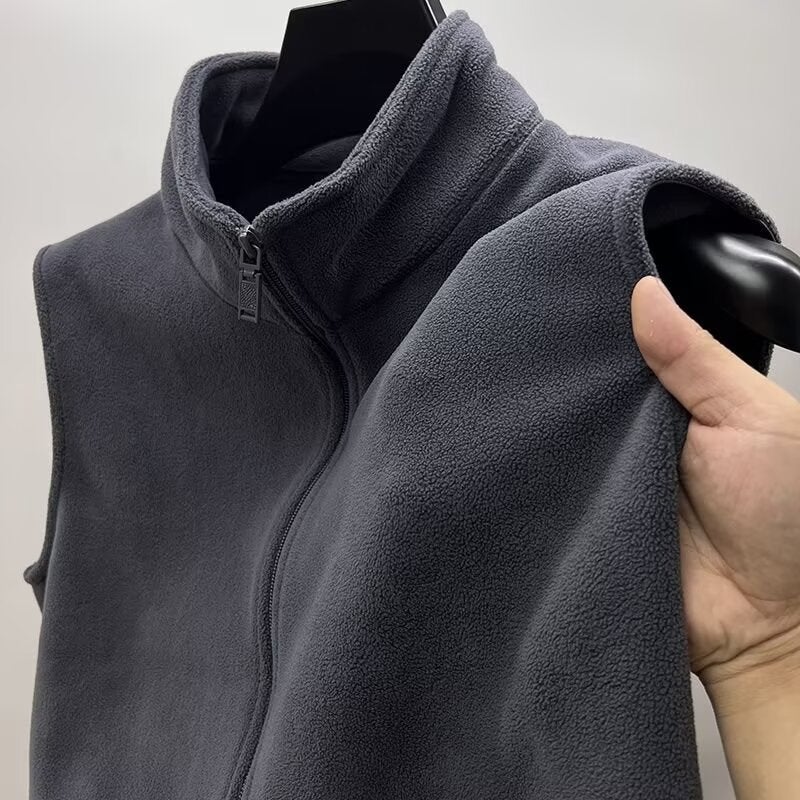 Thickened Zipper Stand Collar Particle Fleece Vest Men Autumn Winter Double-sided Australian Velvet Open Cardigan Pure Color Fleece Vest W04 [dark gray]]