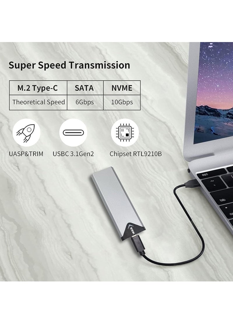 SSK - Aluminum M.2 NVME SATA SSD Enclosure Adapter, USB 3.2 Gen 2 (10 Gbps) to NVME PCI-E SATA M-Key/(B+M) Key Solid State Drive External Enclosure Support UASP Trim for NVME/SATA SSDs 2242/2260/2280 - Image 1