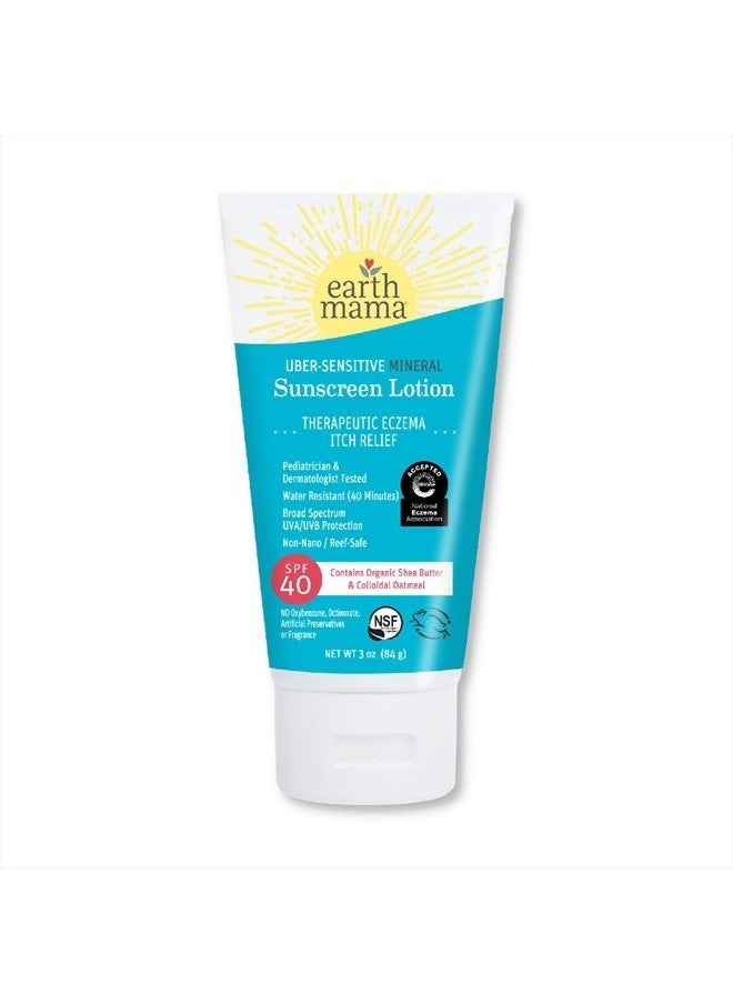 Earth Mama - Uber-Sensitive Mineral Sunscreen Lotion SPF 40 | Reef Safe, Non-Nano Zinc, Contains Organic Colloidal Oatmeal | Steroid-Free Eczema Cream for Baby, Kid & Family, 3-Ounce - Image 1