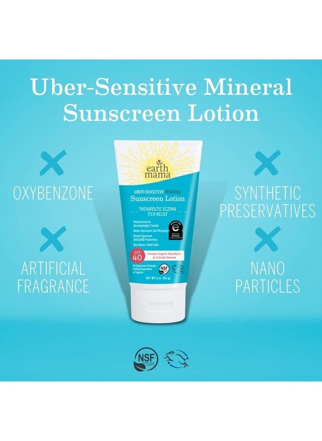 Earth Mama - Uber-Sensitive Mineral Sunscreen Lotion SPF 40 | Reef Safe, Non-Nano Zinc, Contains Organic Colloidal Oatmeal | Steroid-Free Eczema Cream for Baby, Kid & Family, 3-Ounce - Image 1