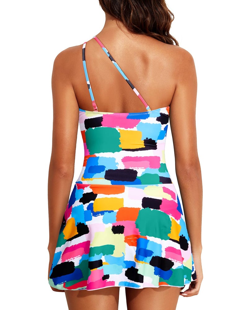 Tempt Me Women Color Block One Piece Swim Dress One Shoulder Swimsuit with Skirt Tummy Control Swimdress Bathing Suit M - Image 2