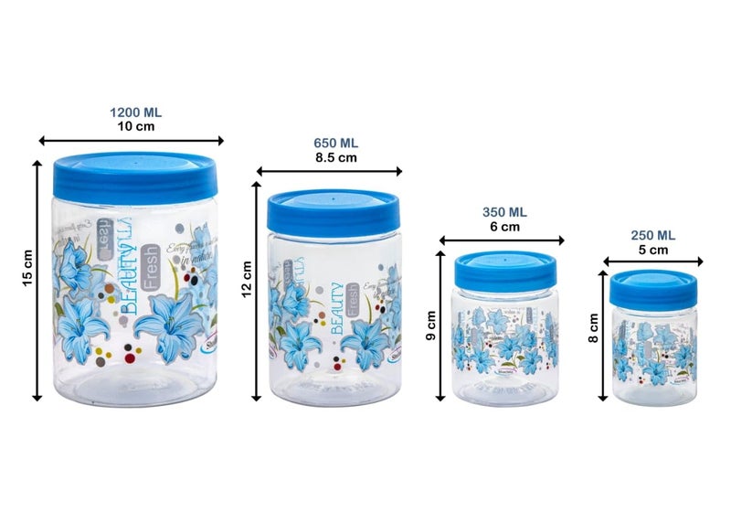 Qshare Flower Printed Storage Containers - Plastic Storage Organiser Jar Set for Kitchen with Airtight Lid Spoon, 1200ml, 650ml, 350ml & 250ml Dabba for Snacks, Grains Dry Fruits (Blue, Set Of 16pc) - Image 2