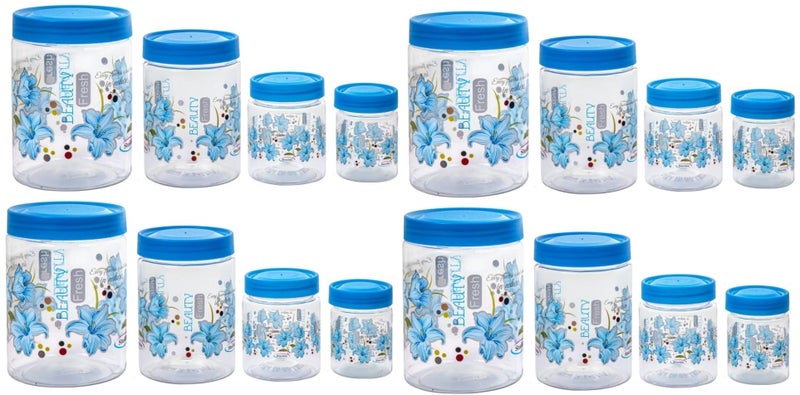 Qshare Flower Printed Storage Containers - Plastic Storage Organiser Jar Set for Kitchen with Airtight Lid Spoon, 1200ml, 650ml, 350ml & 250ml Dabba for Snacks, Grains Dry Fruits (Blue, Set Of 16pc) - Image 1