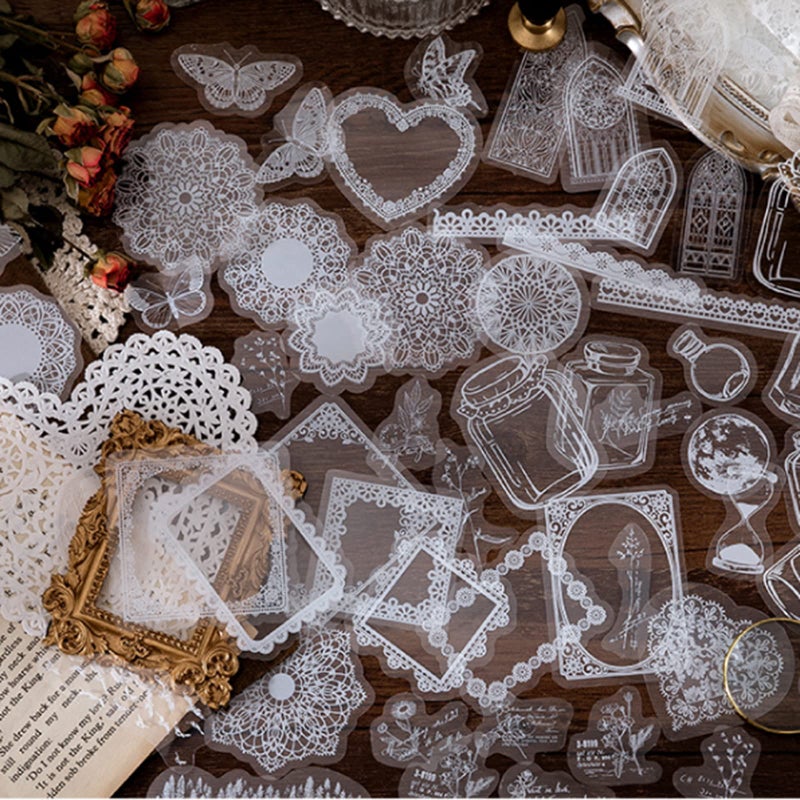 BENOSPACE 180 Pcs Transparent Lace StickersPET Vintage Decorative DIY Decals White Retro Aesthetic Journaling Crafts Supplies for Handmade Scrapbooking Planner Album Diary Photo Frames Notebook